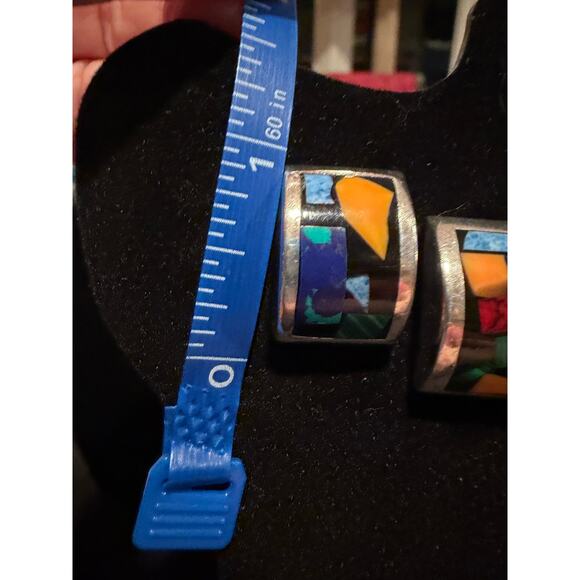 Mexican Sterling Silver 925 ATI Multi-Stone Inlay Mosaic Toggle Bracelet - Picture 10 of 15